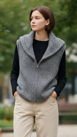 J. Jill Womens B&W Marled Full Zip‎ Shawl Collar Sleeveless Sweater Vest Large thumbnail 1