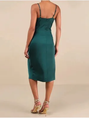 Lulus Women's Drape Neck Hollywood Woman's Forest Green Satan Midi Dress thumbnail 3
