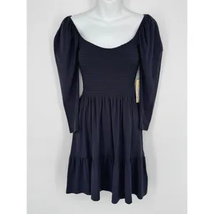 Nation LTD Noel Babydoll Dress XS Navy Pima Cotton Smocked Tiered Mini‎ thumbnail 6