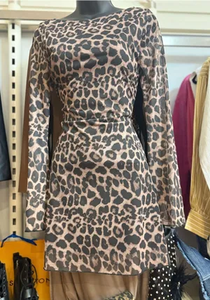 Leopard Print Long Sleeve Mini Dress in Taupe & Black thumbnail 1