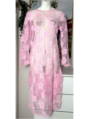 Women's Pink Floral Lace Fishnet Mesh Sheer Long Sleeve Midi Dress Cover Up M/L thumbnail 3