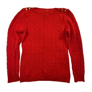 Lauren Ralph Lauren Red Cable Knit Boat Neck Sweater Gold Button Detail Womens L thumbnail 1