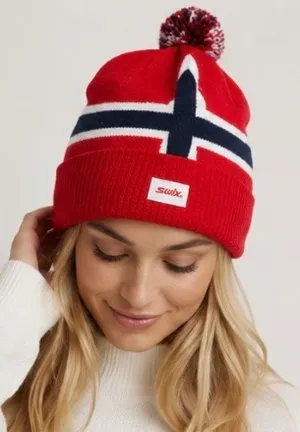 Swix Red Pom Beanie with Navy & White Flag Detail thumbnail 1