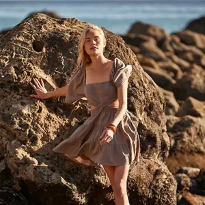 FREE PEOPLE cross of sunlight brown linen sexy travel vacation weekend dress thumbnail 2