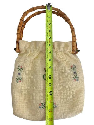 Vintage Monogram “S” Embroidered Cross Stitch Bamboo Handle Cottagecore Bag thumbnail 9