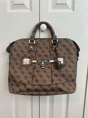 GUESS Brown Monogram Satchel Purse with Logo Plaque thumbnail 2