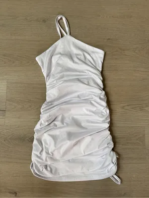 Ruched Halter Mini Dress with ruched sides and open back in White thumbnail 2