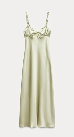ZARA dress maxi sagę light olive green satin Effect Wedding Party Coctail thumbnail 9