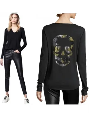 Zadig and Voltaire Tunisien Camo Skull Henley Top Size Small Rock and Roll Edgy thumbnail 3