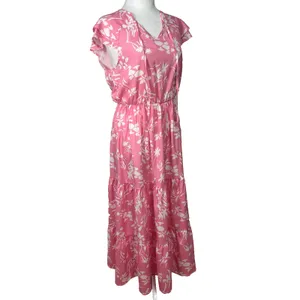 Sunday‎ Up Tiered Maxi Dress Sz M Pink Floral Boho Cottage Resortwear Vacation thumbnail 3