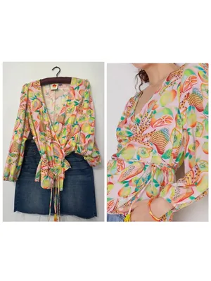 Farm Rio by Anthropologie $138 Rainforest Summer Fruit Print Wrap Blouse Medium thumbnail 2