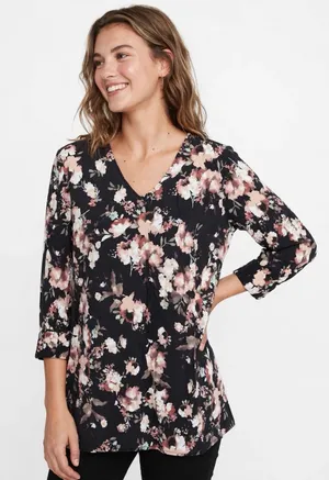 J Jill Floral Tunic Dress XL Black Pink Long Sleeve Cottagecore Stretch Soft thumbnail 1