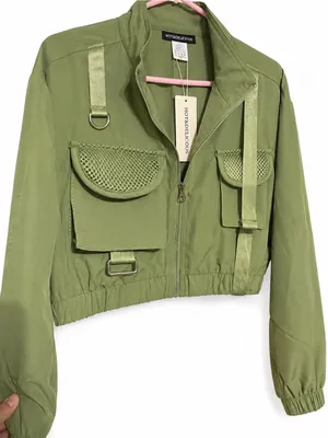 NWT Hot & Delicious Cropped Utility Cargo Jacket Small Olive Green Mesh Pockets thumbnail 5