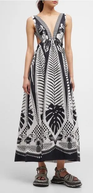 Farm Rio Macaw elegance black maxi dress size medium 100% cotton thumbnail 1