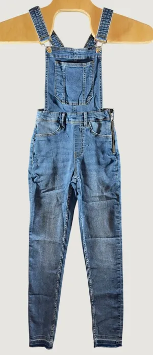 20 | Divided Boho Blue Denim Skinny Overalls Side Zip‎ Raw Hem Womens Size 0 thumbnail 1