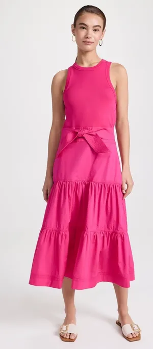 Veronica Beard Austyn Hot Pink Tiered Pima Cotton Midi Designer Chic Dress XS thumbnail 1
