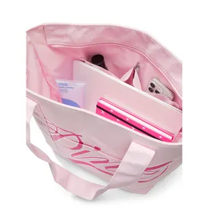 VS Victoria's Secret PINK Canvas Tote Bag Pink Gossip & White NEW thumbnail 4