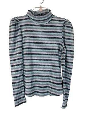 Maeve Anthropologie Blue Striped Puff Shoulder Turtleneck Sweater Womens M Top thumbnail 1