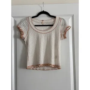 Free People White Garner Tee Pointelle Floral Lettuce Edge Trim Cotton Small thumbnail 4