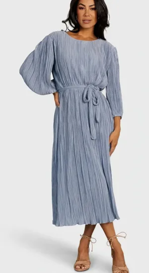 Baltic Born Dusty Blue Pleated Midi Dress with Tie Waist thumbnail 1