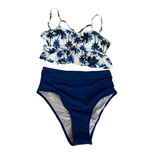 Blue Palm Tree Ruffle Bikini Set High Waisted Swimsuit‎ Womens Size Medium NEW thumbnail 4