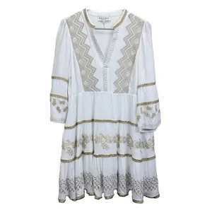Hale Bob White Gold Embroidered Boho V Neck Tiered Gauze Taliah Dress MEDIUM thumbnail 6