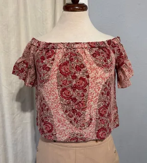 Madewell 100% Silk Floral Off Shoulder Top‎ Size S Cropped Bohemian Blouse thumbnail 1