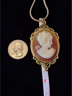 Vintage Style Gold Tone Cameo Necklace – Mid Century Victorian Revival 24” thumbnail 3