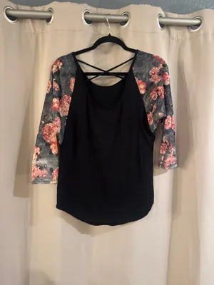 Harley-Davidson Black Raglan Top with Pink Floral Sleeves thumbnail 2