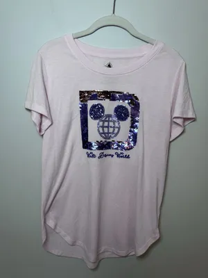 Walt Disney World Parks Pink Purple Sequin Mickey Mouse Short Sleeve Shirt Sz Sm thumbnail 1