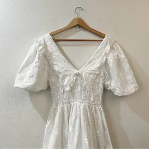Zara White Embroidered Eyelet Lace Midi Dress‎ in Oyster White Size Small thumbnail 6