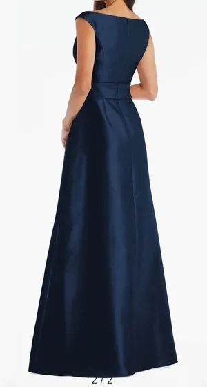 NWOT Alfred Sung Midnight Off the Shoulder Satin Gown Navy D811S 10 R thumbnail 1