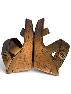 Tommy Hilfiger Tan Cork Wedge Sandals Gold Logo Size 10M thumbnail 6