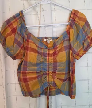 Miss Selfie Plaid Puff Sleeve Crop thumbnail 1