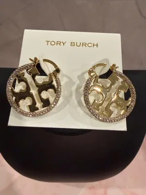 Tory Burch | Gold Plated Logo Crystal-Trim Hoop Earrings thumbnail 3