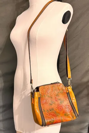 Vintage Leather Women's Purse Floral Embossed Crossbody Bag Small Shoulder Brown thumbnail 1