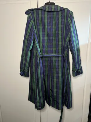 Vintage Jeffrey Banks Plaid Trench Coat Longline Belted Green Purple Size M thumbnail 16