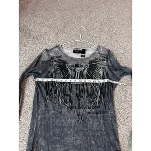 Harley Davidson Skull Wings Gray Acid Wash‎ Long Sleeve Top Womens L Biker thumbnail 6