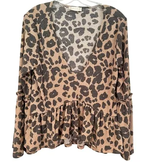 Altar'd State Leopard Peplum Top Women's‎ M Brown Ruffle Boho Hippie Waffle Knit thumbnail 1