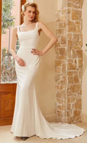 NWT Zapaka White Mermaid Square Neck Satin Long Wedding Dress with Sweep Train L thumbnail 1