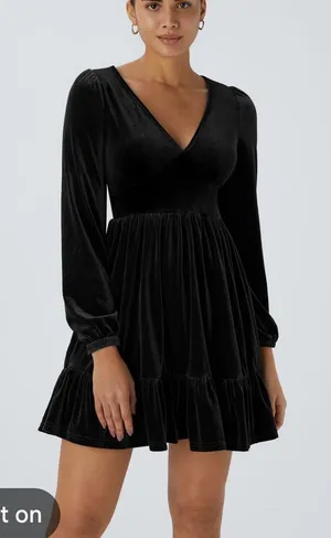 Halara NWT Everyday Deep V Neck Long Sleeve Ruffled Hem Velvet Mini Chill Dress Small thumbnail 1