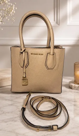 Michael Kors Mercer Small Pebbled Leather Satchel Crossbody Beige Gold thumbnail 1
