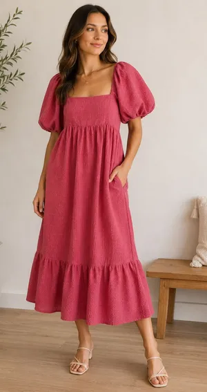 ✨💕 Storia Pink‎ Puff Sleeve Midi Dress Medium Textured Cottagecore 💕✨ thumbnail 1
