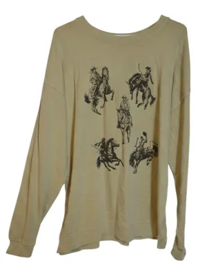 Y'all Come Back Cowboy Rider Graphic Oversized Sweatshirt Women's L Beige thumbnail 2