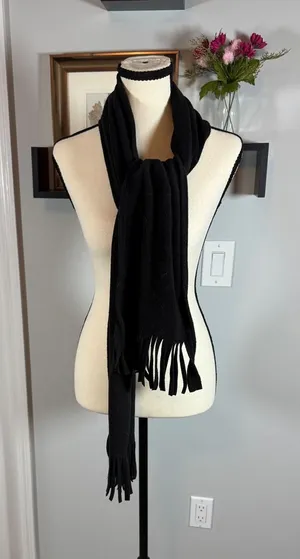 Solid Black Knit Scarf with Fringe Trim Soft Winter Wrap Accessory 62" Long thumbnail 1