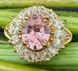 Vintage 925 Gold Over Sterling Pink Oval CZ Flower Cocktail Ring Size 8.5 7g. thumbnail 1