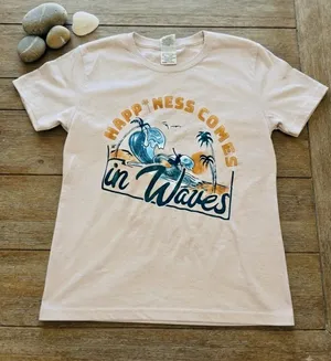 "Happiness Comes in Waves" Graphic T-Shirt - Neutral Aesthetic - Size Small thumbnail 1
