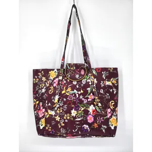 Burgundy Floral Vinyl Tote Bag Gold Ring Detail Large Work Purse 18x12x6 thumbnail 3