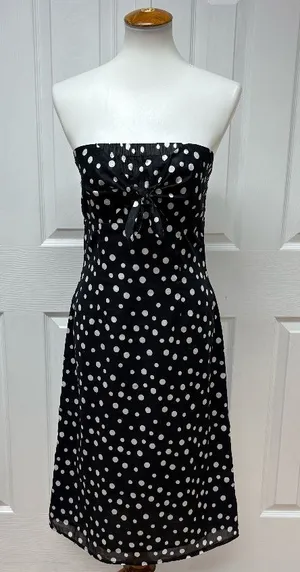 Jill Michelle Black Ad‎ White Polka Dot Strapless Midi Dress - Size 8. thumbnail 1
