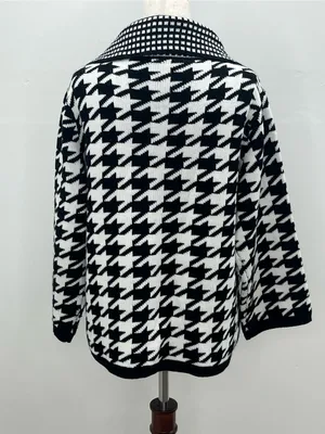 SIONI Black White Houndstooth Knit Wool Blend Cardigan Sweater Jacket Medium thumbnail 5